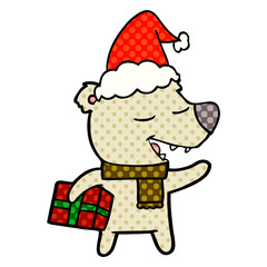 comic book style illustration of a bear with present wearing santa hat