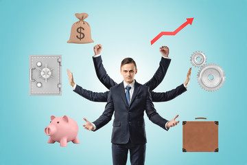 A young businessman resembling Shiva due to four extra arms, juggling with different business-related objects such as piggy bank, money sack, etc.