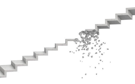 3d rendering of grey stone ledder shattering into small pieces on white background