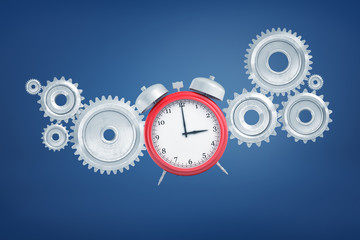 3d rendering of a red alarm clock surrounded by light-grey cogwheels floating in the air.