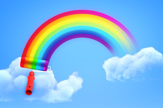 3d rendering of rainbow painted with paint roller in blue sky with both ends in white clouds.