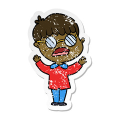 distressed sticker of a cartoon boy wearing spectacles