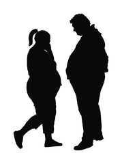 Fat couple in love on date silhouette. Fat man and woman is worry about health vector. Overweight person trouble. Big boy think about food ordering calorie. Difficulties in moving. Breathless sweaty