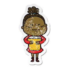distressed sticker of a cartoon annoyed old lady