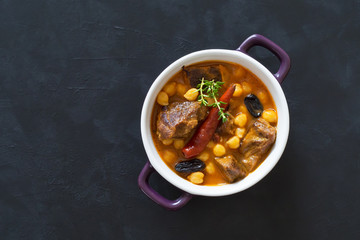 Harissa Lamb with chickpeas and apricots. Top view