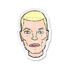 retro distressed sticker of a cartoon serious male face
