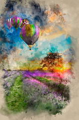 Obraz na płótnie Canvas Hot air balloons flying over lavender landscape sunset
