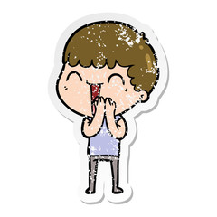 distressed sticker of a cartoon happy man