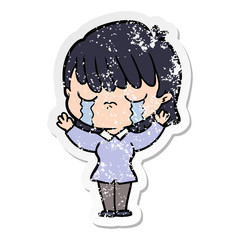 distressed sticker of a cartoon woman crying