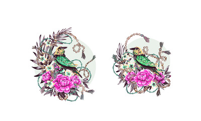 Elegance pattern with flowers and birds splendor of the 80's, chic bird chains flowers beautiful background in expensive style