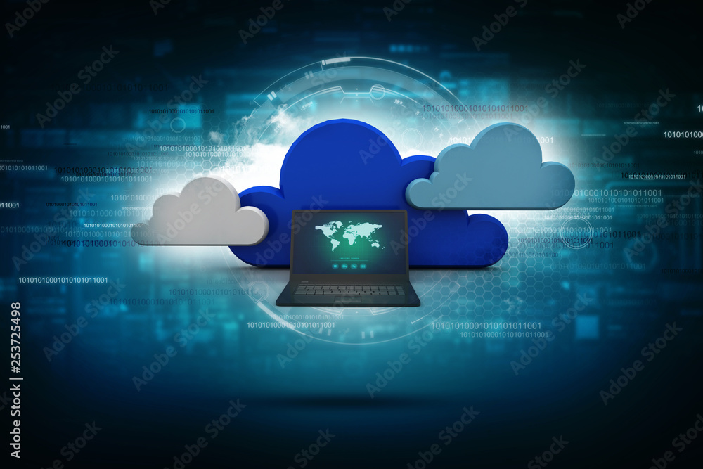Poster 3d illustration of cloud network in abstract technology background. cloud networking concept