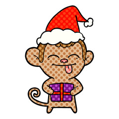 funny comic book style illustration of a monkey with christmas present wearing santa hat