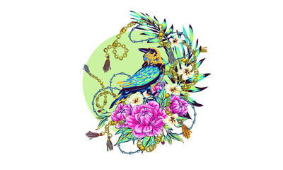 Elegance pattern with flowers and birds splendor of the 80's, chic bird chains flowers beautiful background in expensive style
