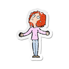 retro distressed sticker of a cartoon curious woman looking upwards