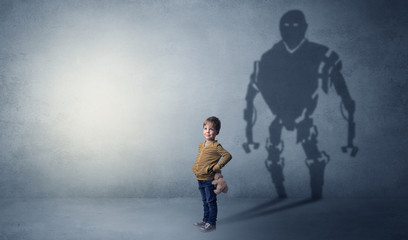 Little boy s self image appear as a big robotman shadow on his background
