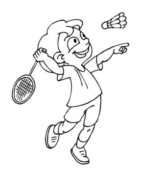 Boy playing badminton, children sports, black and white clipart Stock  Vector | Adobe Stock