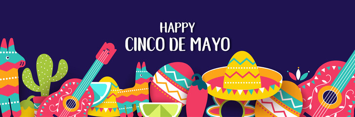 Cinco de Mayo Mexican festive banner. Horizontal card of Mexican culture symbols collection: maracas, pinata, jalapeno, fruit, sombrero, cactus, guitar. Cinco de Mayo web header.