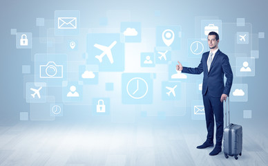 Businessman departs to a business trip with social media and travel symbol concept
