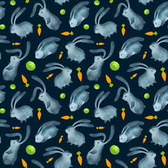Watercolor spring seamless pattern bunnys, carrots, cabbages, on dark background. Hand drawn.