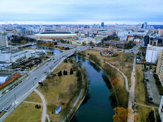 Fototapeta premium Aerial view of Minsk, Belarus near Oktyabrskaya street and Svisloch river
