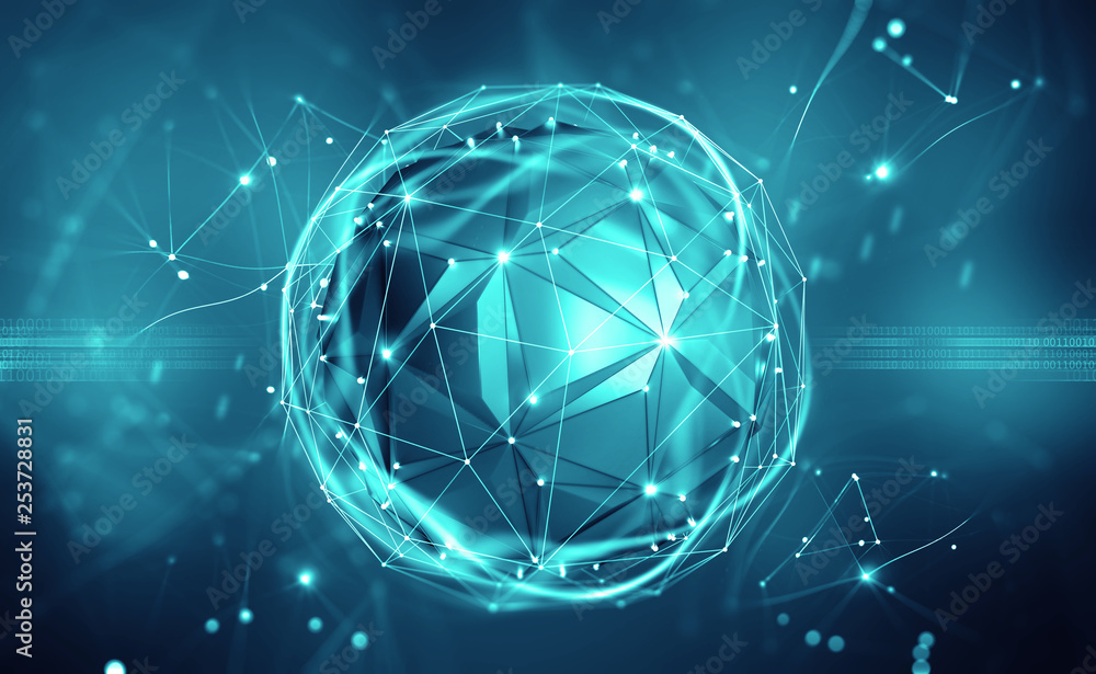 Poster Artificial intelligence. Digital mind. Wireless network technology. 3D illustration of an innovative processor in the global cyberspace of the future