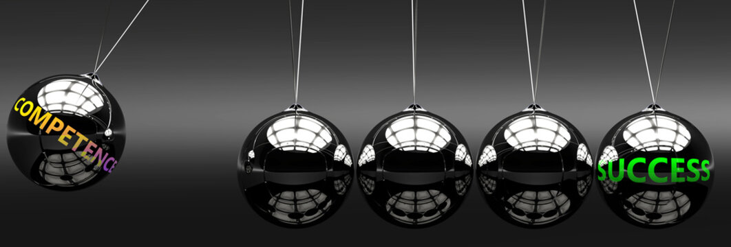 Meaning, ideas and relation of two concepts: competence  and success, pictured as Newton cradle with metal balls giving energy and momentum to each other,  labelled with english words, 3d illustration