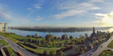 Top view of the fog on the banks of the Neva river in St. Petersburg.