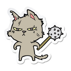 sticker of a tough cartoon cat with mace