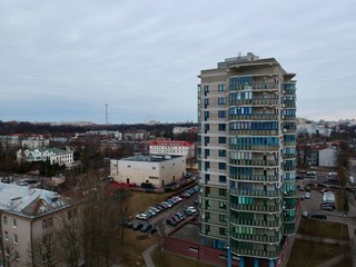 Aerial view of Minsk, Belarus near Oktyabrskaya street and Svisloch river