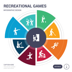 set of 9 simple recreational games vector icons. contains such as people climbing, people dancing, people playing darts, fishing, football player playing, playing game, goalkeeper icons and others.