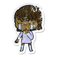 distressed sticker of a cartoon woman crying