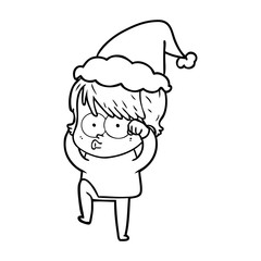 line drawing of a woman wearing santa hat