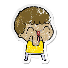 distressed sticker of a cartoon happy man