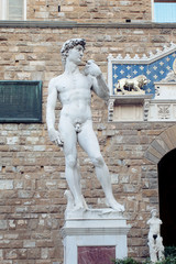 Florence sculpture of David Michelangelo in Piazza Della Signoria Florence, Italy. Firenze landmarks