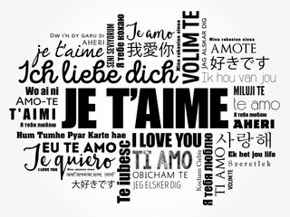 Fototapeta premium Je t’aime (I Love You in French) in different languages of the world, word cloud background