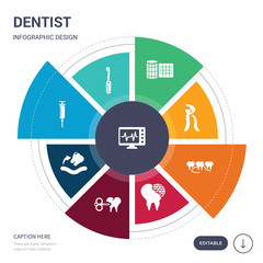 set of 9 simple dentist vector icons. contains such as ekg monitor, electric toothbrush, empty syringe, extraction, fake tooth, filler, floss icons and others. editable infographics design