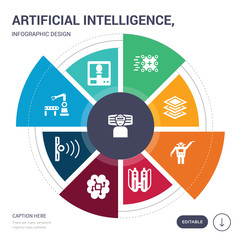 set of 9 simple artificial intelligence, vector icons. contains such as immersive, incubator, industrial robot, infra, intelligence, jetpack, laws of robotics icons and others. editable infographics