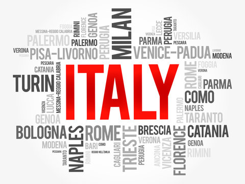 List of cities in Italy, word cloud collage, travel concept background
