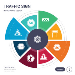 set of 9 simple traffic sign vector icons. contains such as speed limit, steep descent, stop, straight prohibitor no entry, straight, swimming, t junction icons and others. editable infographics