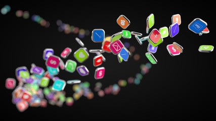 flow of smartphone app icons. 3d illustration