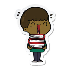sticker of a laughing cartoon man holding stack of books