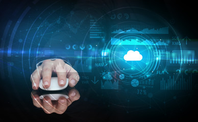 Hand using wireless mouse with cloud technology concept and dark background