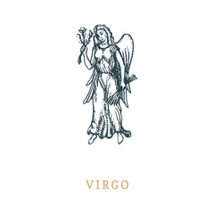Virgo zodiac symbol, hand drawn in engraving style. Vector graphic retro illustration of astrological sign Maiden.