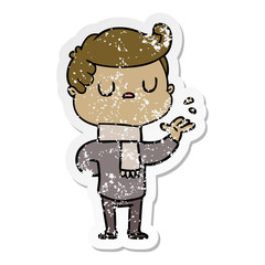 distressed sticker of a cartoon aloof man
