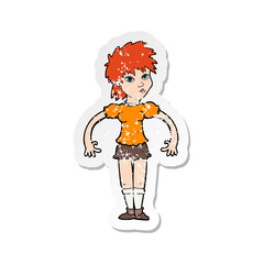 retro distressed sticker of a cartoon curious woman