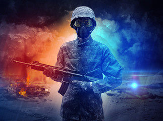 Armed soldier with sniper in the middle of a dust storm
