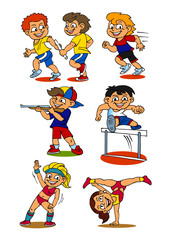 Children sports, athletics, shooting, aerobics, set of color icons