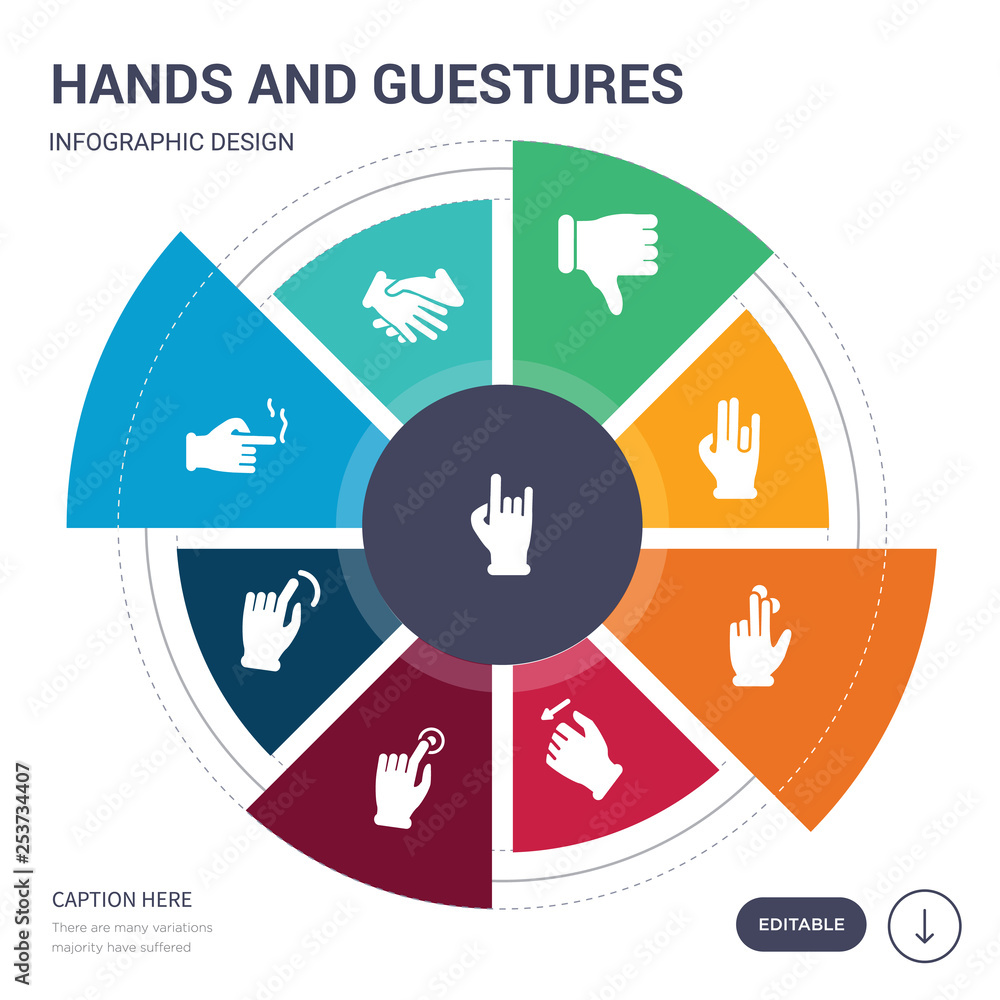 Poster set of 9 simple hands and guestures vector icons. contains such as rock and roll, shake gesture, sho