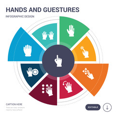 set of 9 simple hands and guestures vector icons. contains such as press with two fingers, prohibition  gesture, punch, push all fingers to expand, push all fingers to slide and expand, push all to