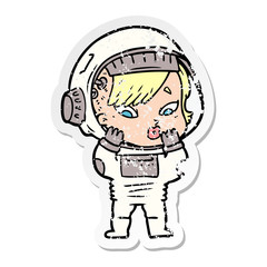 distressed sticker of a cartoon astronaut woman